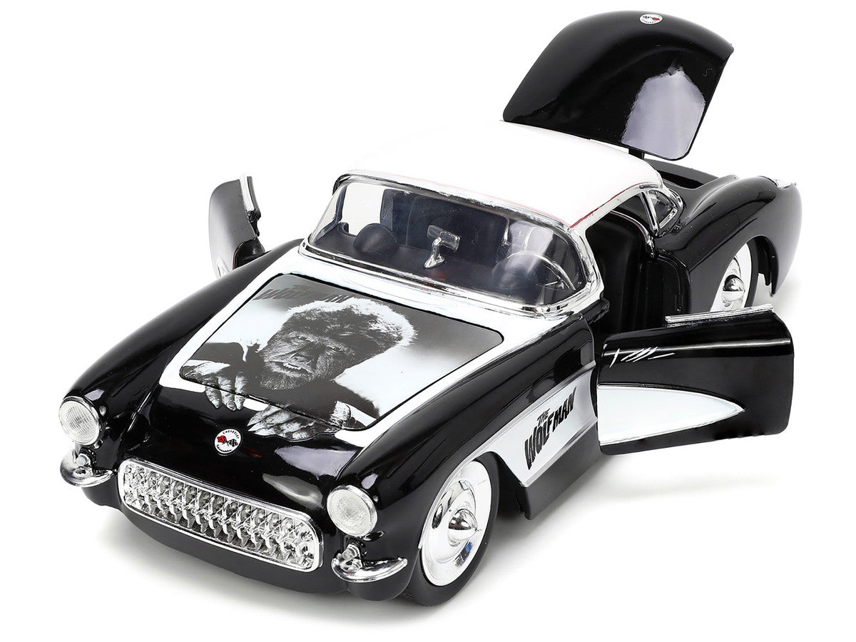 1957 Chevrolet Corvette Black with White Top and Wolfman Diecast Figure "Universal Monsters" "Hollywood Rides" Series 1/24 Diecast Model Car by Jada LuxuryLifeWay Online Store