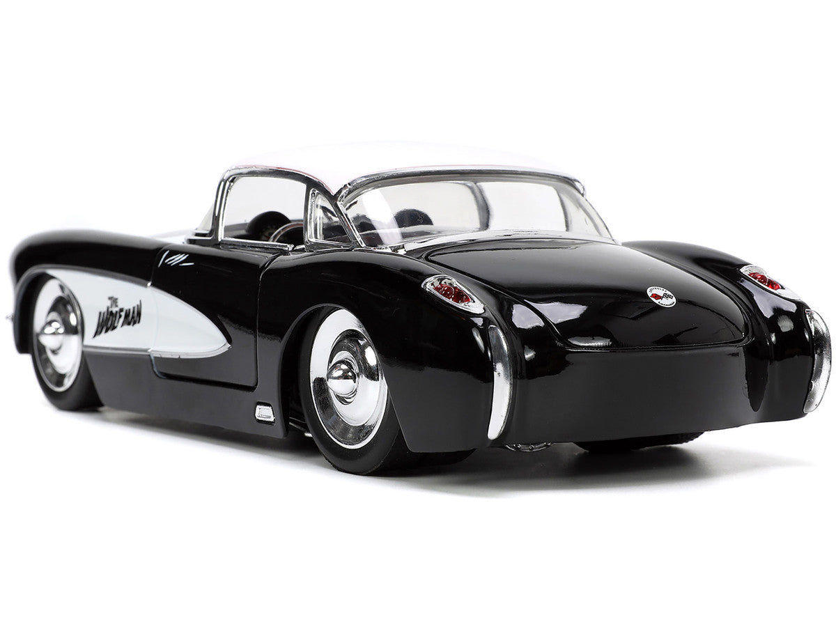 1957 Chevrolet Corvette Black with White Top and Wolfman Diecast Figure "Universal Monsters" "Hollywood Rides" Series 1/24 Diecast Model Car by Jada LuxuryLifeWay Online Store