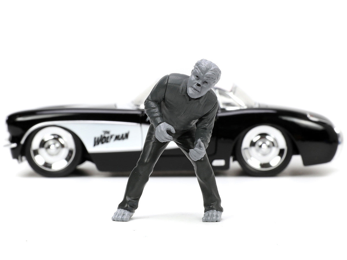 1957 Chevrolet Corvette Black with White Top and Wolfman Diecast Figure "Universal Monsters" "Hollywood Rides" Series 1/24 Diecast Model Car by Jada LuxuryLifeWay Online Store