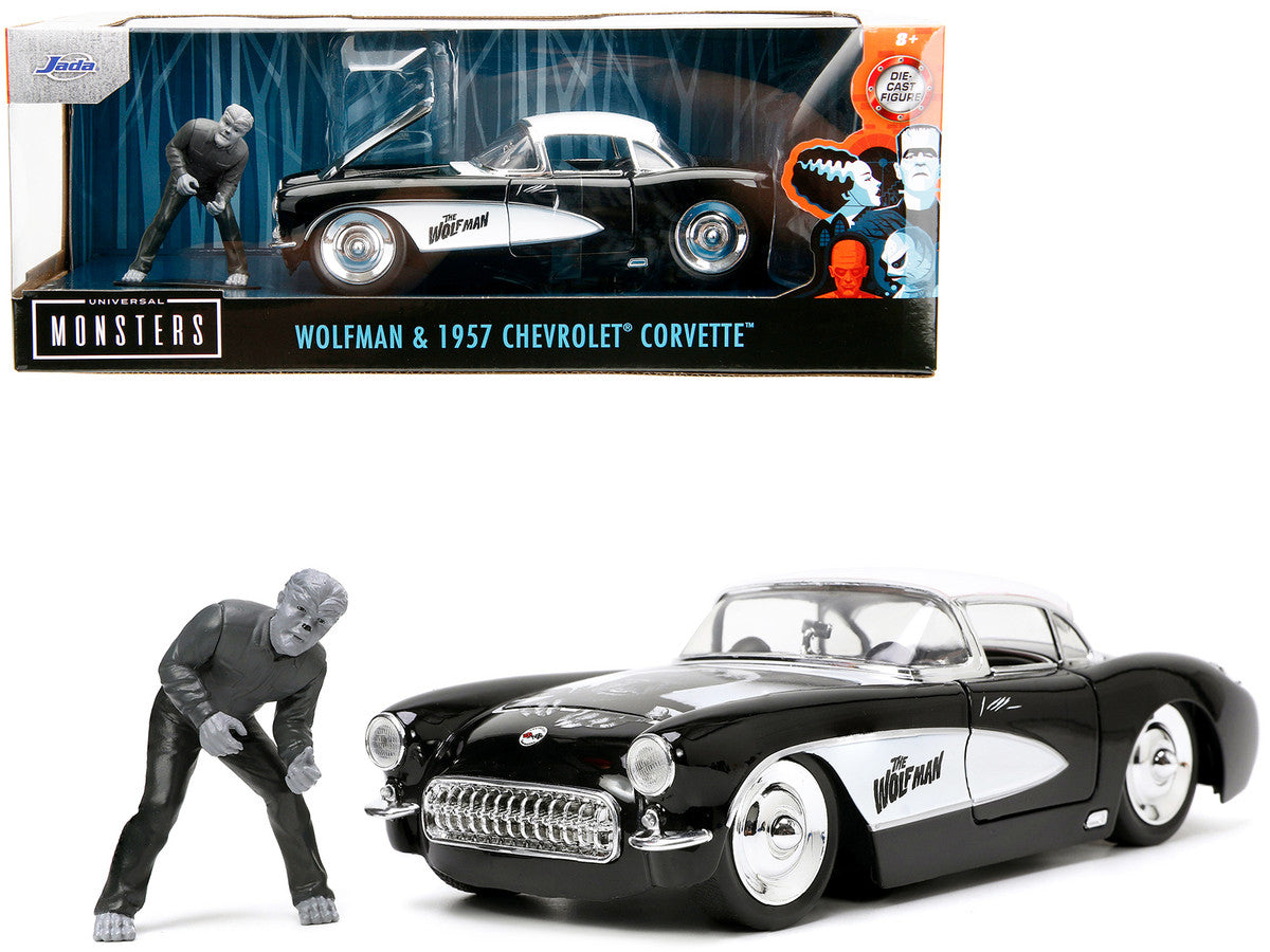 1957 Chevrolet Corvette Black with White Top and Wolfman Diecast Figure "Universal Monsters" "Hollywood Rides" Series 1/24 Diecast Model Car by Jada LuxuryLifeWay Online Store