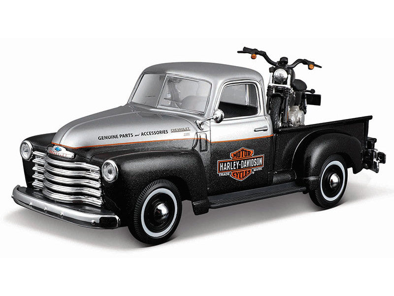 1950 Chevrolet 3100 Pickup Truck "Harley Davidson" Silver Metallic and Black with 1948 Harley Davidson FL Panhead Motorcycle Black "HD Custom" Series 1/24 Diecast Models by Maisto LuxuryLifeWay Online Store