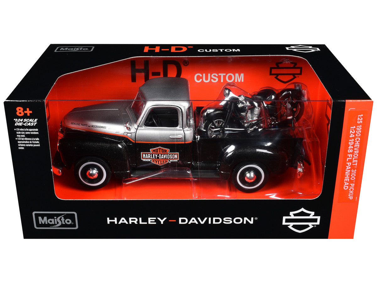 1950 Chevrolet 3100 Pickup Truck "Harley Davidson" Silver Metallic and Black with 1948 Harley Davidson FL Panhead Motorcycle Black "HD Custom" Series 1/24 Diecast Models by Maisto LuxuryLifeWay Online Store