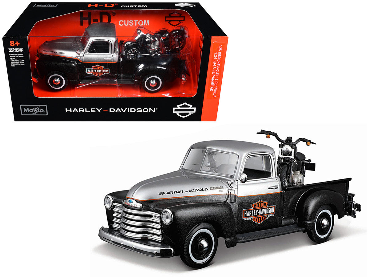 1950 Chevrolet 3100 Pickup Truck "Harley Davidson" Silver Metallic and Black with 1948 Harley Davidson FL Panhead Motorcycle Black "HD Custom" Series 1/24 Diecast Models by Maisto LuxuryLifeWay Online Store