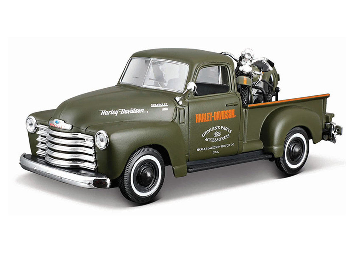 1950 Chevrolet 3100 Pickup Truck "Harley Davidson" Matt Green with 1936 Harley Davidson El Knucklehead Motorcycle Matt Green "HD Custom" Series 1/24 Diecast Model Car by Maisto LuxuryLifeWay Online Store
