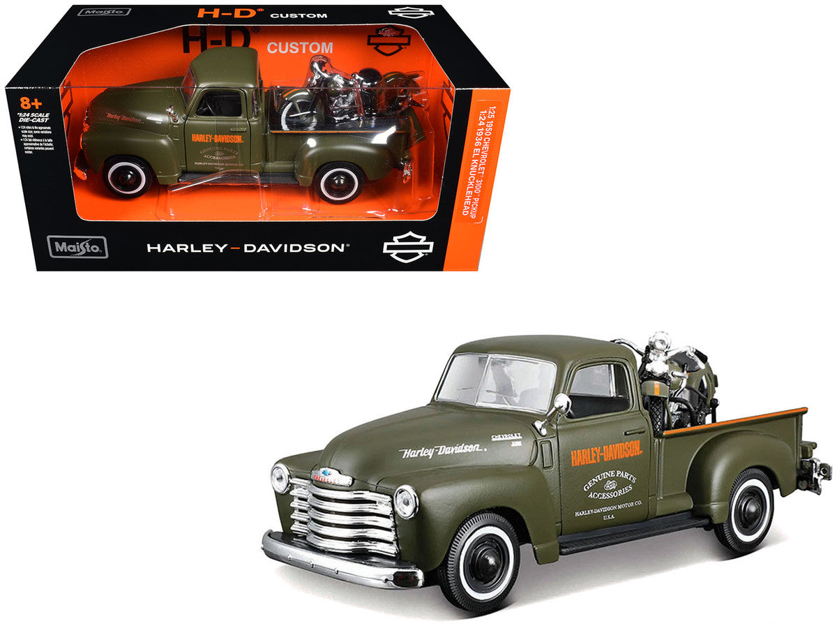 1950 Chevrolet 3100 Pickup Truck "Harley Davidson" Matt Green with 1936 Harley Davidson El Knucklehead Motorcycle Matt Green "HD Custom" Series 1/24 Diecast Model Car by Maisto LuxuryLifeWay Online Store