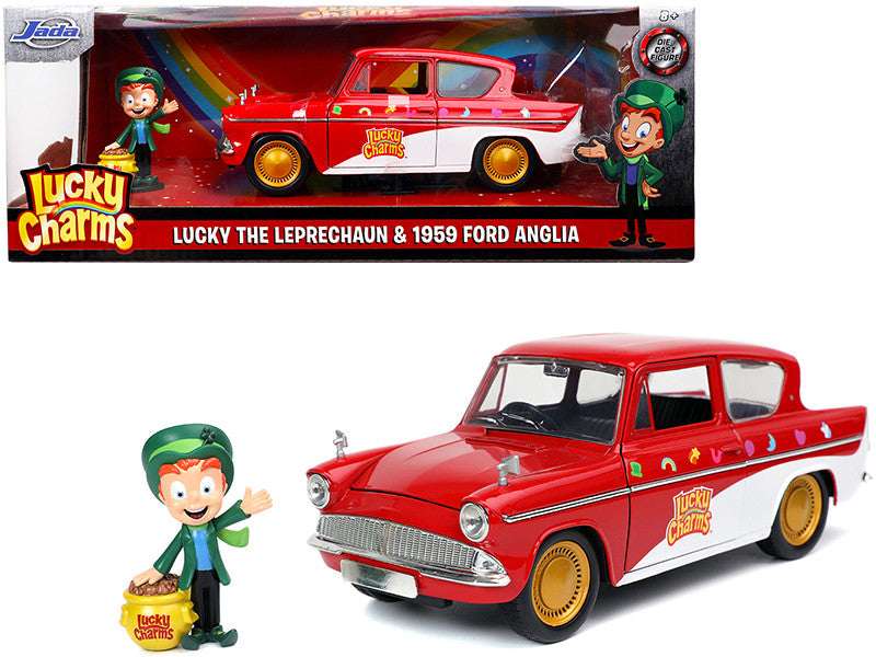1959 Ford Anglia Red and White with Lucky the Leprechaun Diecast Figurine "Lucky Charms" 1/24 Diecast Model Car by Jada LuxuryLifeWay Online Store