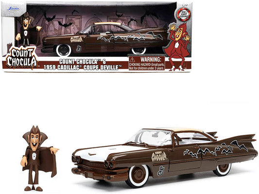 1959 Cadillac Coupe DeVille Brown and White with Graphics and Count Chocula Diecast Figurine "Hollywood Rides" Series 1/24 Diecast Model Car by Jada LuxuryLifeWay Online Store