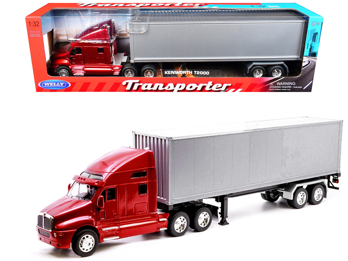 Kenworth T2000 Truck Red Metallic with Gray Container "Transporter" Series 1/32 Diecast Model by Welly LuxuryLifeWay Online Store