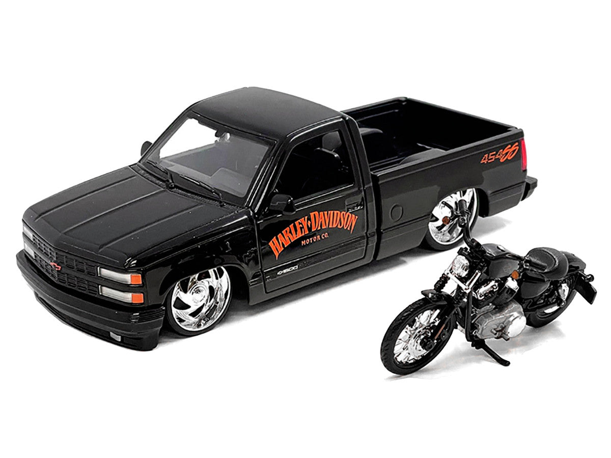 1993 Chevrolet 454 SS Pickup Truck "Harley Davidson" Black and 2007 Harley-Davidson XL 1200N Nightster Motorcycle Black "H-D Custom" Series 1/24 Diecast Model Car by Maisto LuxuryLifeWay Online Store