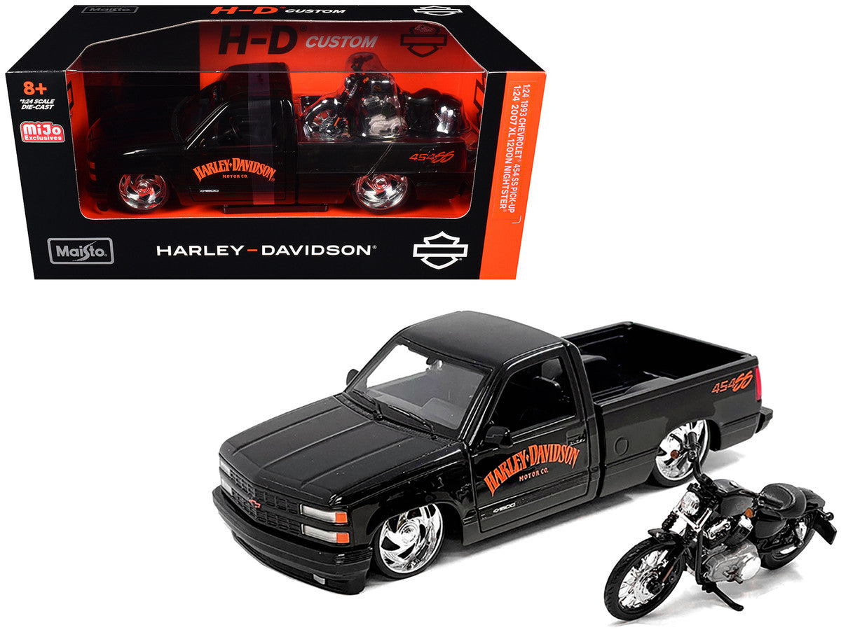 1993 Chevrolet 454 SS Pickup Truck "Harley Davidson" Black and 2007 Harley-Davidson XL 1200N Nightster Motorcycle Black "H-D Custom" Series 1/24 Diecast Model Car by Maisto LuxuryLifeWay Online Store