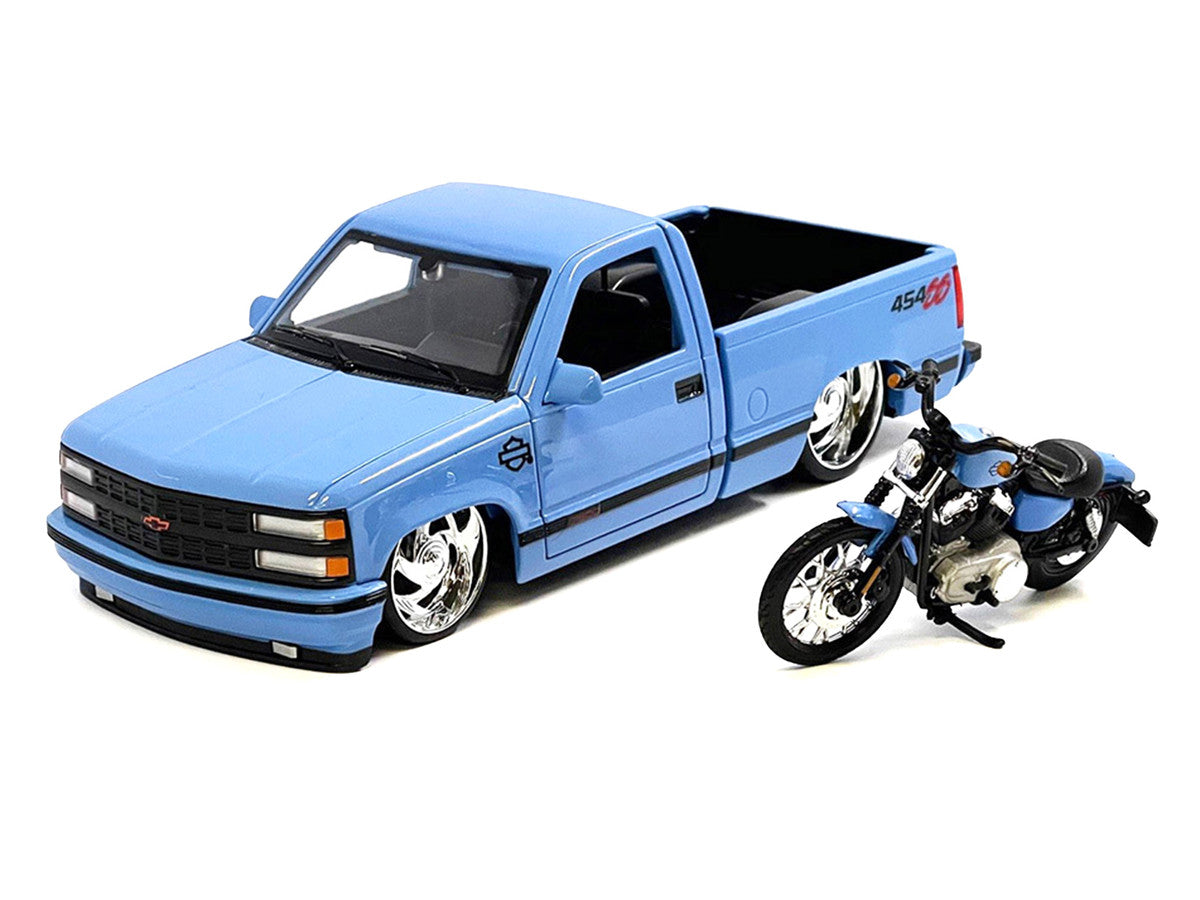 1993 Chevrolet 454 SS Pickup Truck "Harley Davidson" Light Blue and 2007 Harley-Davidson XL 1200N Nightster Motorcycle Light Blue "H-D Custom" Series 1/24 Diecast Model Car by Maisto LuxuryLifeWay Online Store