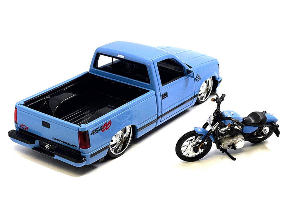 1993 Chevrolet 454 SS Pickup Truck "Harley Davidson" Light Blue and 2007 Harley-Davidson XL 1200N Nightster Motorcycle Light Blue "H-D Custom" Series 1/24 Diecast Model Car by Maisto LuxuryLifeWay Online Store