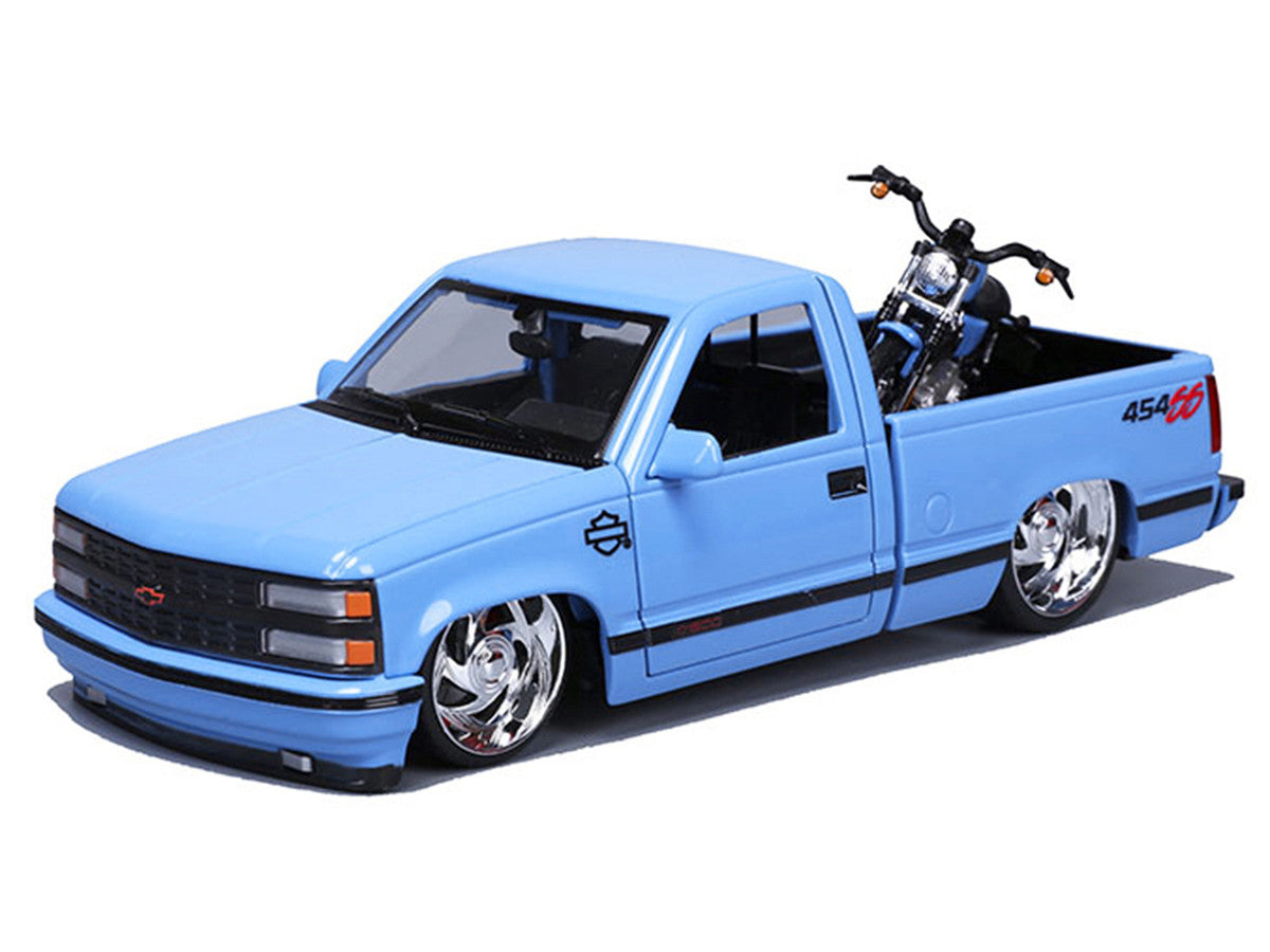 1993 Chevrolet 454 SS Pickup Truck "Harley Davidson" Light Blue and 2007 Harley-Davidson XL 1200N Nightster Motorcycle Light Blue "H-D Custom" Series 1/24 Diecast Model Car by Maisto LuxuryLifeWay Online Store