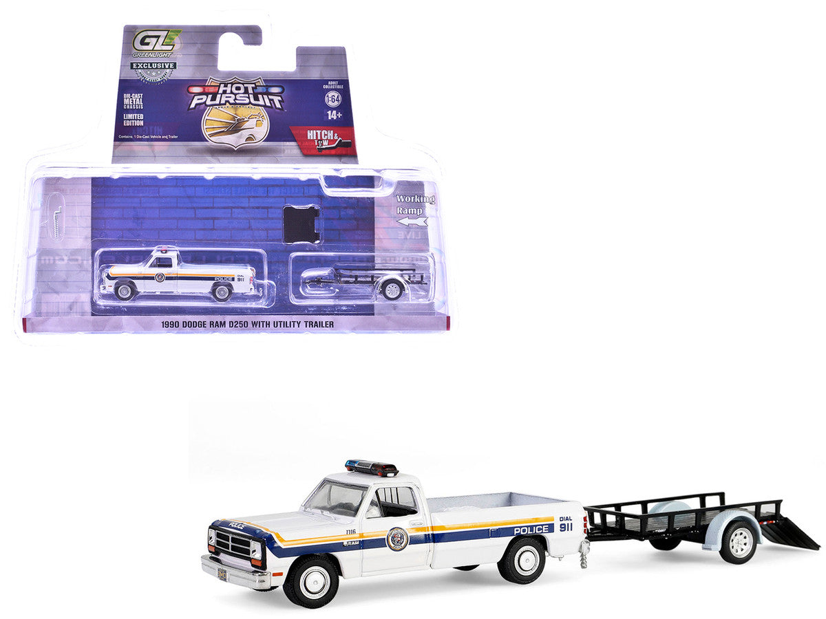 1990 Dodge Ram D250 Pickup Truck "Philadelphia PA Police Department" White with Stripes and Utility Trailer "Hot Pursuit Hitch & Tow" Series 1 1/64 Diecast Model Cars by Greenlight LuxuryLifeWay Online Store