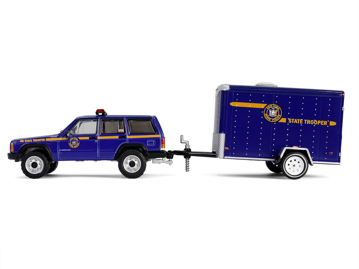 2001 Jeep Cherokee "New York State Police" Blue with Yellow Stripes and Small Cargo Trailer "Hot Pursuit Hitch & Tow" Series 1 1/64 Diecast Model Cars by Greenlight LuxuryLifeWay Online Store