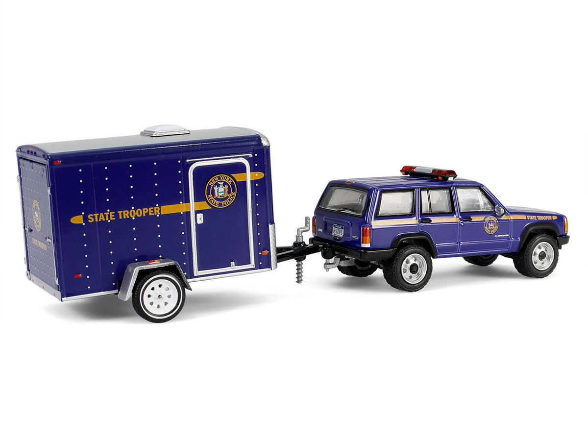 2001 Jeep Cherokee "New York State Police" Blue with Yellow Stripes and Small Cargo Trailer "Hot Pursuit Hitch & Tow" Series 1 1/64 Diecast Model Cars by Greenlight LuxuryLifeWay Online Store