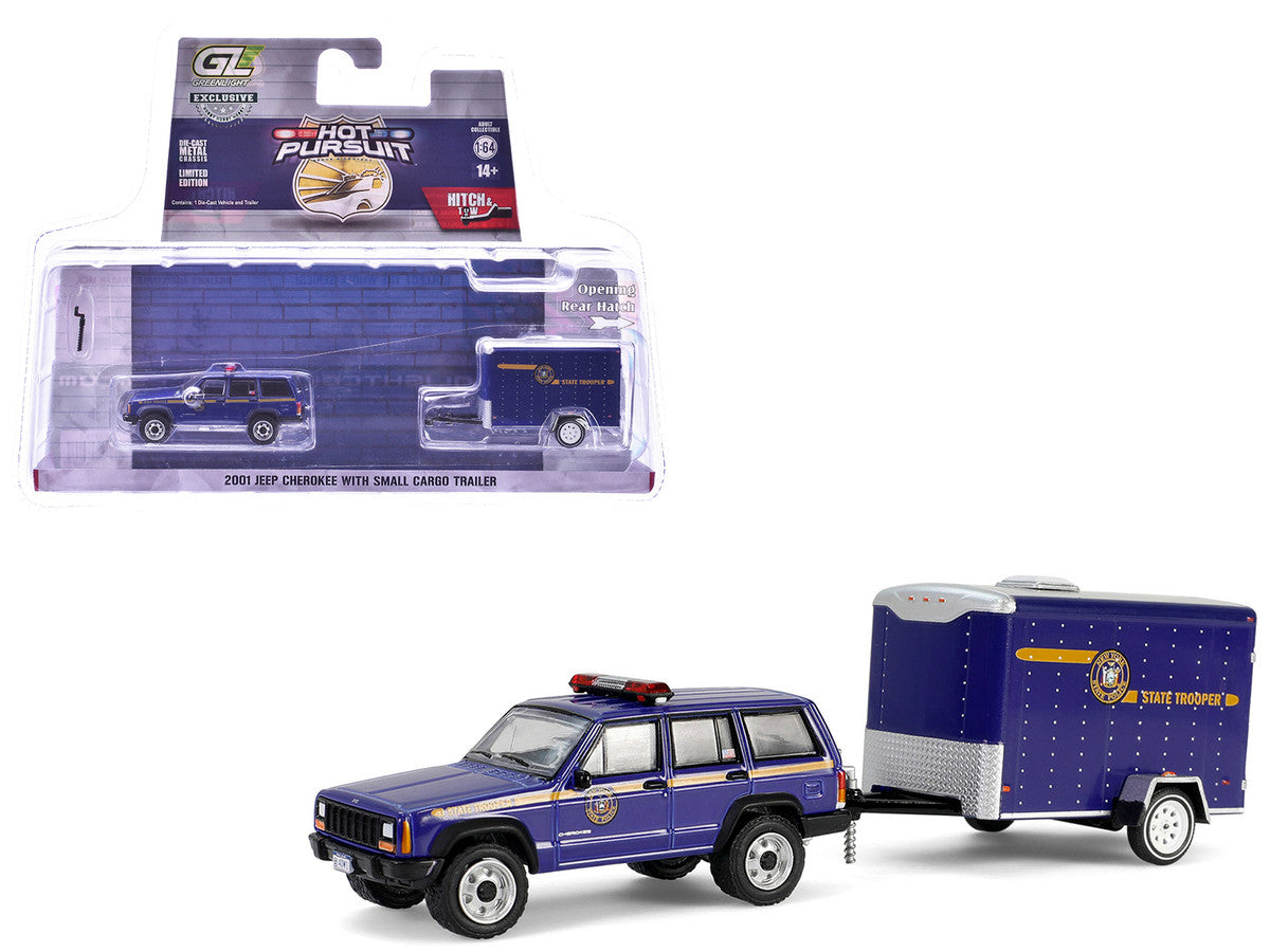2001 Jeep Cherokee "New York State Police" Blue with Yellow Stripes and Small Cargo Trailer "Hot Pursuit Hitch & Tow" Series 1 1/64 Diecast Model Cars by Greenlight LuxuryLifeWay Online Store