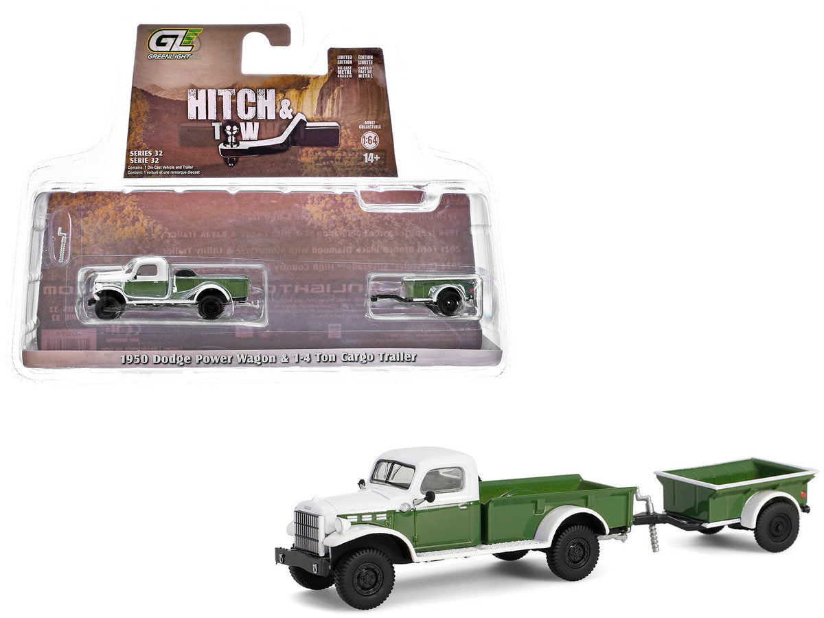 1950 Dodge Power Wagon Pickup Truck Green and White with 1/4 Ton Cargo Trailer Green "Hitch & Tow" Series 32 1/64 Diecast Model Cars by Greenlight LuxuryLifeWay Online Store