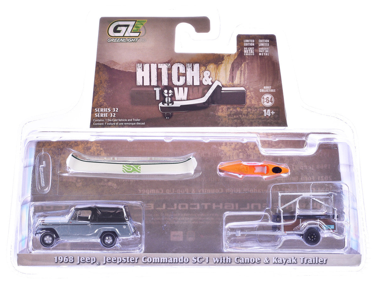 1968 Jeep Jeepster Commando SC-1 Gray with Black Stripes and Top with Canoe Trailer Canoe Rack Canoe and Kayak "Hitch & Tow" Series 32 1/64 Diecast Model Cars by Greenlight LuxuryLifeWay Online Store