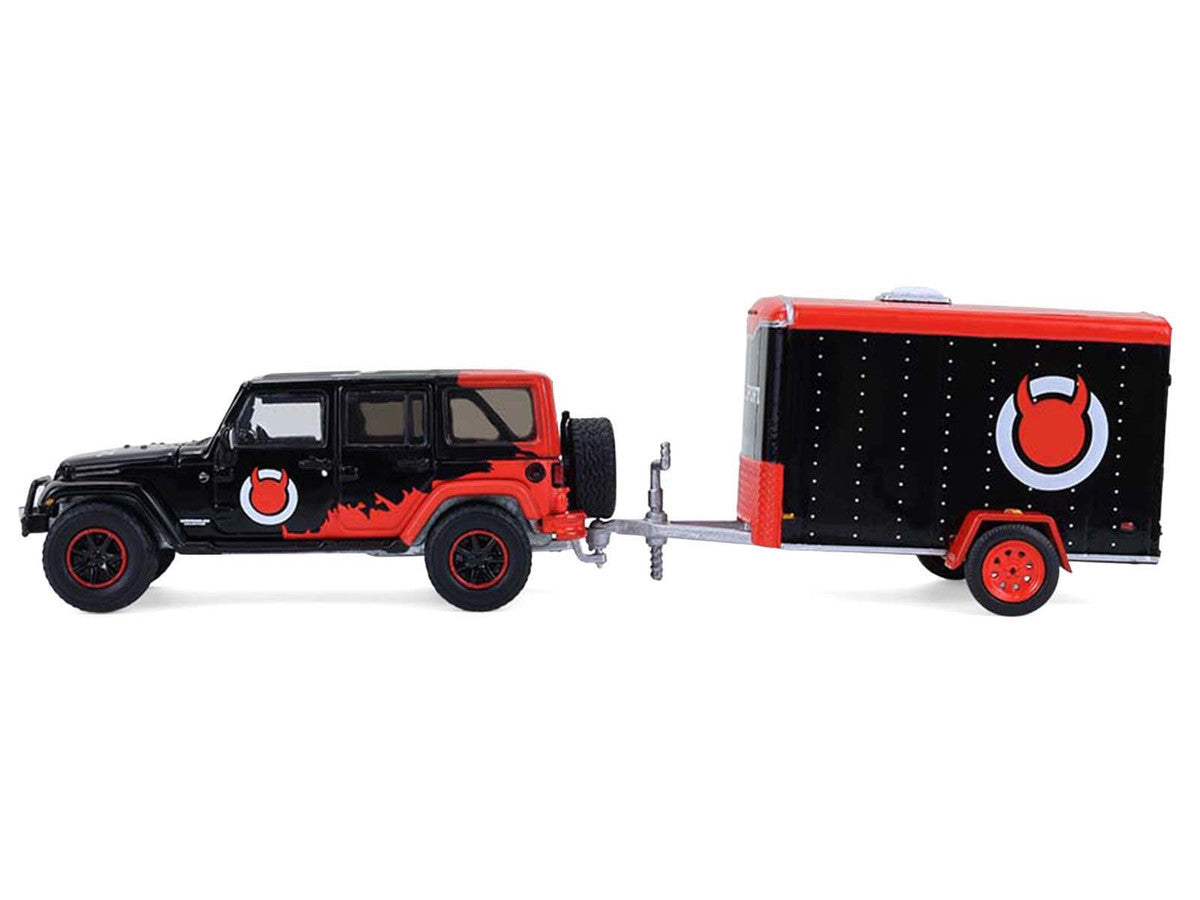 2012 Jeep Wrangler Unlimited "Diablo Sport" Black with Red Graphics and Small Cargo Trailer "Hitch & Tow" Series 33 1/64 Diecast Model Cars by Greenlight LuxuryLifeWay Online Store