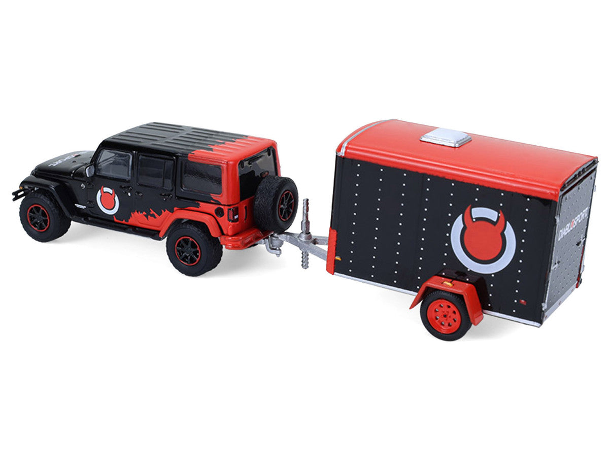 2012 Jeep Wrangler Unlimited "Diablo Sport" Black with Red Graphics and Small Cargo Trailer "Hitch & Tow" Series 33 1/64 Diecast Model Cars by Greenlight LuxuryLifeWay Online Store