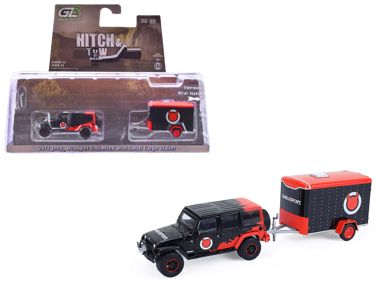2012 Jeep Wrangler Unlimited "Diablo Sport" Black with Red Graphics and Small Cargo Trailer "Hitch & Tow" Series 33 1/64 Diecast Model Cars by Greenlight LuxuryLifeWay Online Store