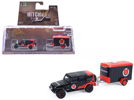 2012 Jeep Wrangler Unlimited "Diablo Sport" Black with Red Graphics and Small Cargo Trailer "Hitch & Tow" Series 33 1/64 Diecast Model Cars by Greenlight LuxuryLifeWay Online Store