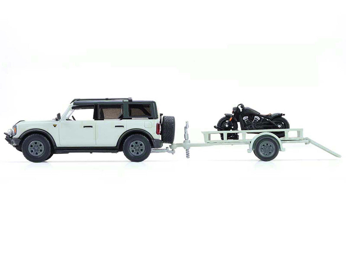 2021 Ford Bronco 4-Door Badlands Cactus Gray with Black Top and Motorcycle with Utility Trailer "Hitch & Tow" Series 33 1/64 Diecast Model Cars by Greenlight LuxuryLifeWay Online Store