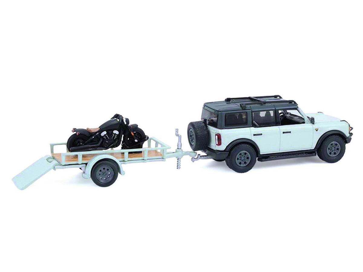 2021 Ford Bronco 4-Door Badlands Cactus Gray with Black Top and Motorcycle with Utility Trailer "Hitch & Tow" Series 33 1/64 Diecast Model Cars by Greenlight LuxuryLifeWay Online Store