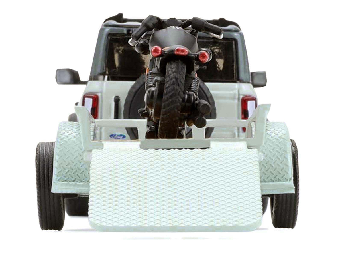 2021 Ford Bronco 4-Door Badlands Cactus Gray with Black Top and Motorcycle with Utility Trailer "Hitch & Tow" Series 33 1/64 Diecast Model Cars by Greenlight LuxuryLifeWay Online Store