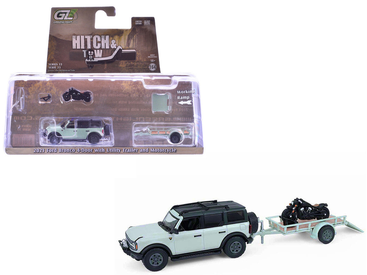 2021 Ford Bronco 4-Door Badlands Cactus Gray with Black Top and Motorcycle with Utility Trailer "Hitch & Tow" Series 33 1/64 Diecast Model Cars by Greenlight LuxuryLifeWay Online Store