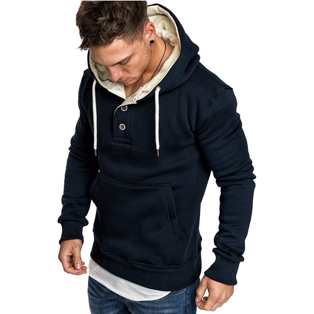 Button-Trim Hooded Fleece Sweatshirt - Cotton Blend Pullover with Pockets