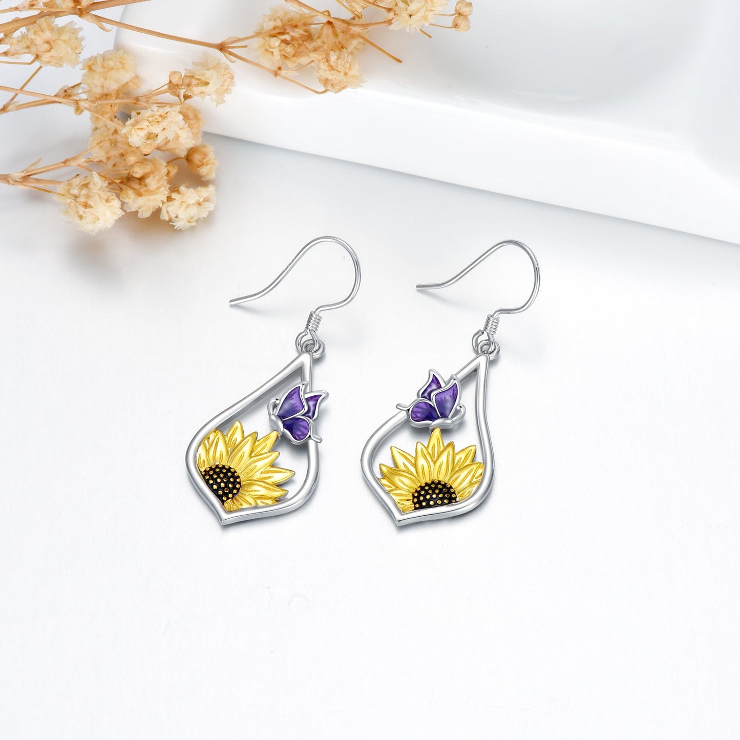 Sterling Silver Sunflower Dangle Earrings with Purple Butterfly Gift for Women LadyShow.Store