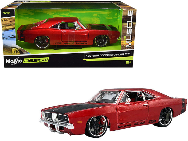 1969 Dodge Charger R/T Red Metallic with Black Hood and Black Stripes "Classic Muscle" 1/25 Diecast Model Car by Maisto LuxuryLifeWay Online Store