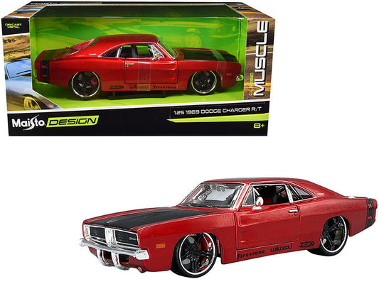 1969 Dodge Charger R/T Red Metallic with Black Hood and Black Stripes "Classic Muscle" 1/25 Diecast Model Car by Maisto LuxuryLifeWay Online Store