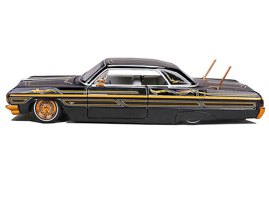 1964 Chevrolet Impala SS Lowrider Black Metallic with Gold Graphics and Gray Interior "Lowriders" "Maisto Design" Series 1/26 Diecast Model Car by Maisto LuxuryLifeWay Online Store