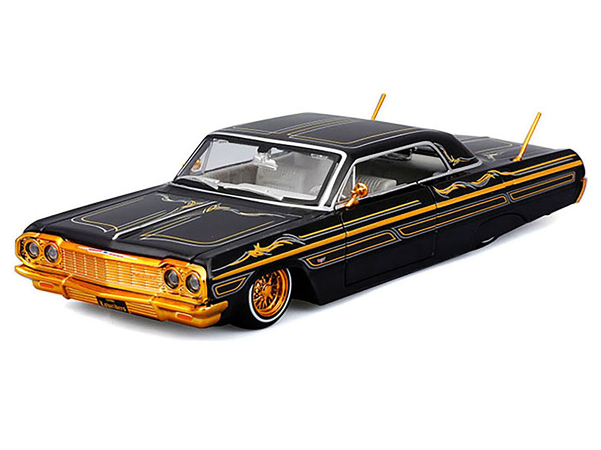 1964 Chevrolet Impala SS Lowrider Black Metallic with Gold Graphics and Gray Interior "Lowriders" "Maisto Design" Series 1/26 Diecast Model Car by Maisto LuxuryLifeWay Online Store