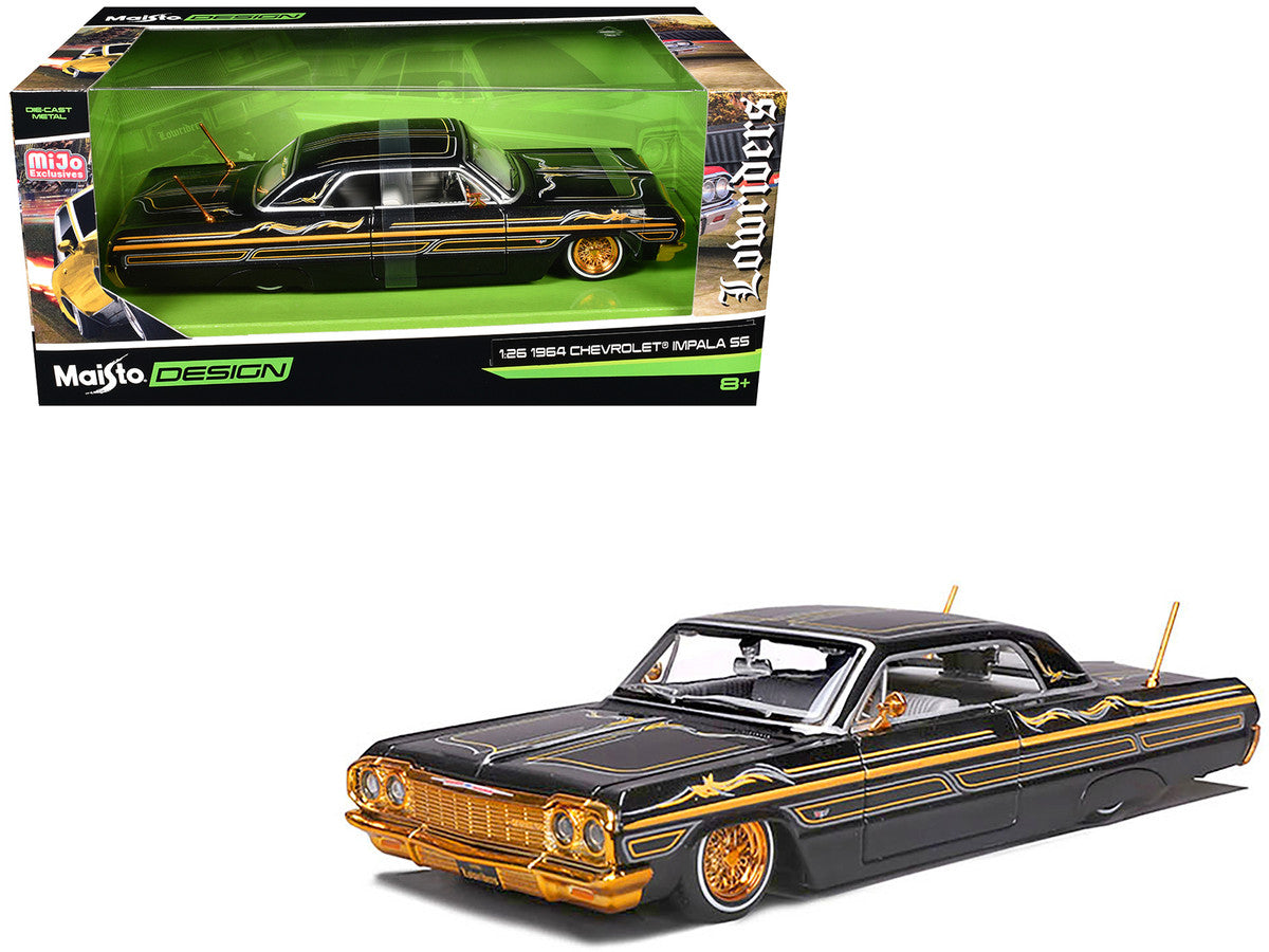1964 Chevrolet Impala SS Lowrider Black Metallic with Gold Graphics and Gray Interior "Lowriders" "Maisto Design" Series 1/26 Diecast Model Car by Maisto LuxuryLifeWay Online Store