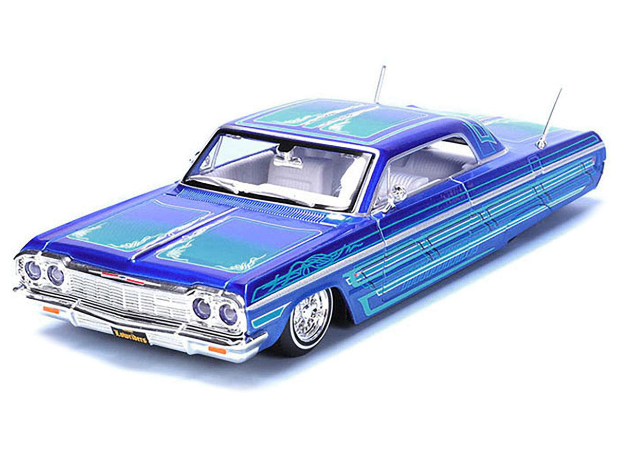 1964 Chevrolet Impala SS Lowrider Candy Blue with Graphics and White Interior "Lowriders" "Maisto Design" Series 1/26 Diecast Model Car by Maisto LuxuryLifeWay Online Store