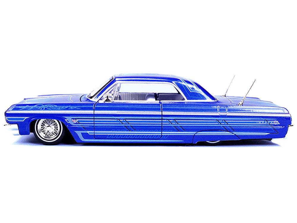 1964 Chevrolet Impala SS Lowrider Candy Blue with Graphics and White Interior "Lowriders" "Maisto Design" Series 1/26 Diecast Model Car by Maisto LuxuryLifeWay Online Store