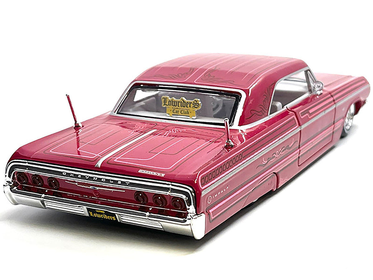 1964 Chevrolet Impala SS Lowrider Pink with Graphics and White Interior "Lowriders" "Maisto Design" Series 1/26 Diecast Model Car by Maisto LuxuryLifeWay Online Store