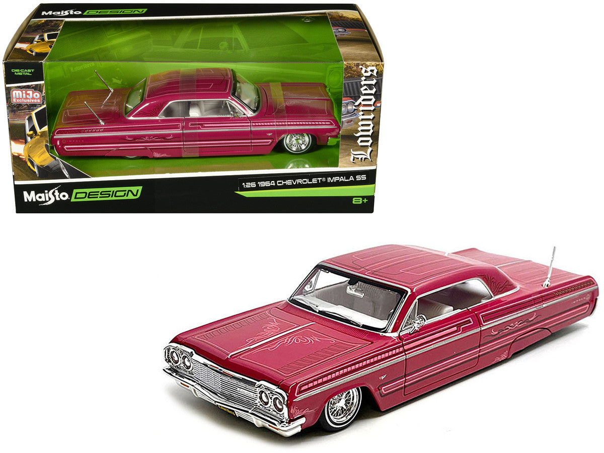 1964 Chevrolet Impala SS Lowrider Pink with Graphics and White Interior "Lowriders" "Maisto Design" Series 1/26 Diecast Model Car by Maisto LuxuryLifeWay Online Store