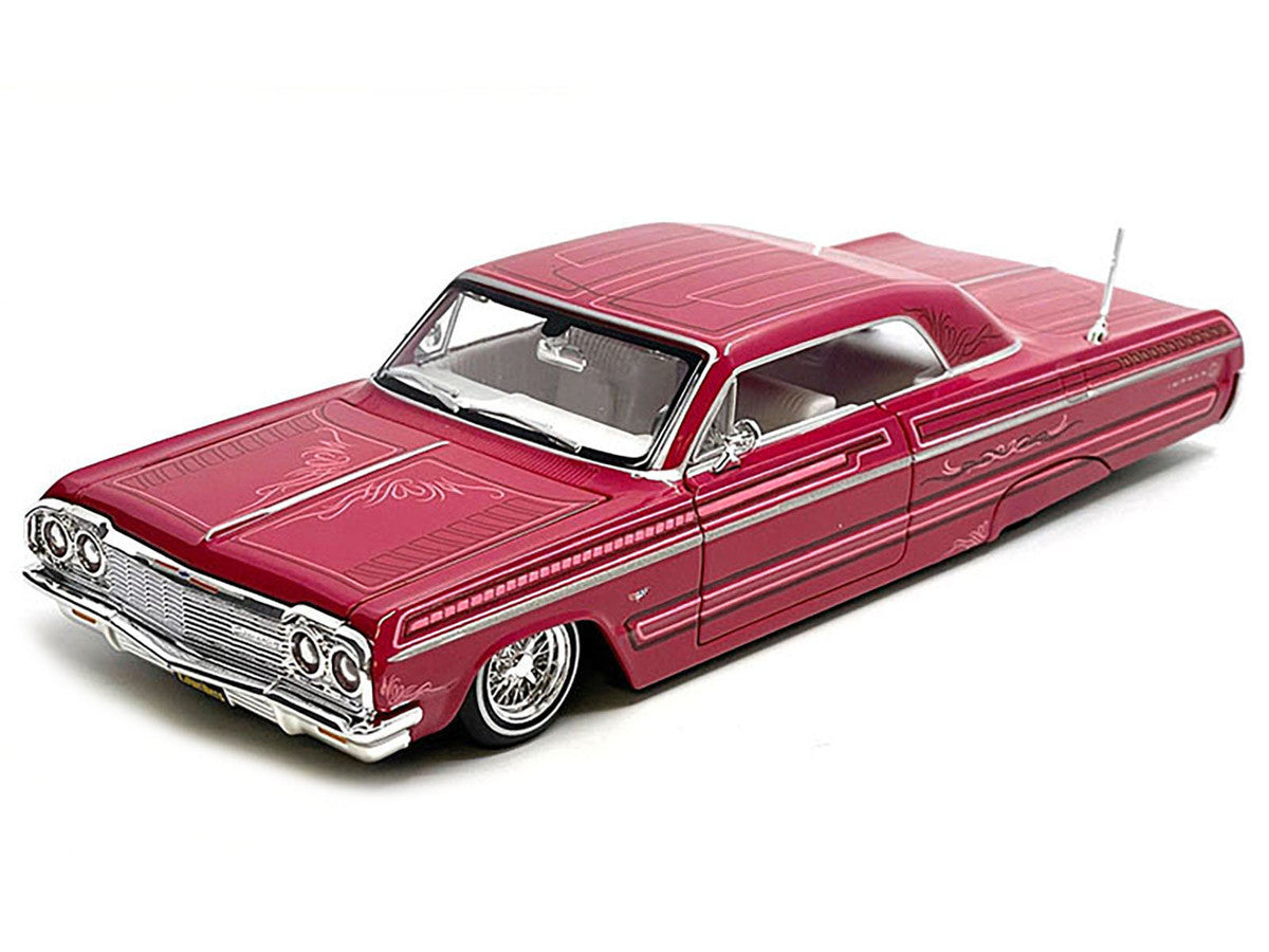 1964 Chevrolet Impala SS Lowrider Pink with Graphics and White Interior "Lowriders" "Maisto Design" Series 1/26 Diecast Model Car by Maisto LuxuryLifeWay Online Store