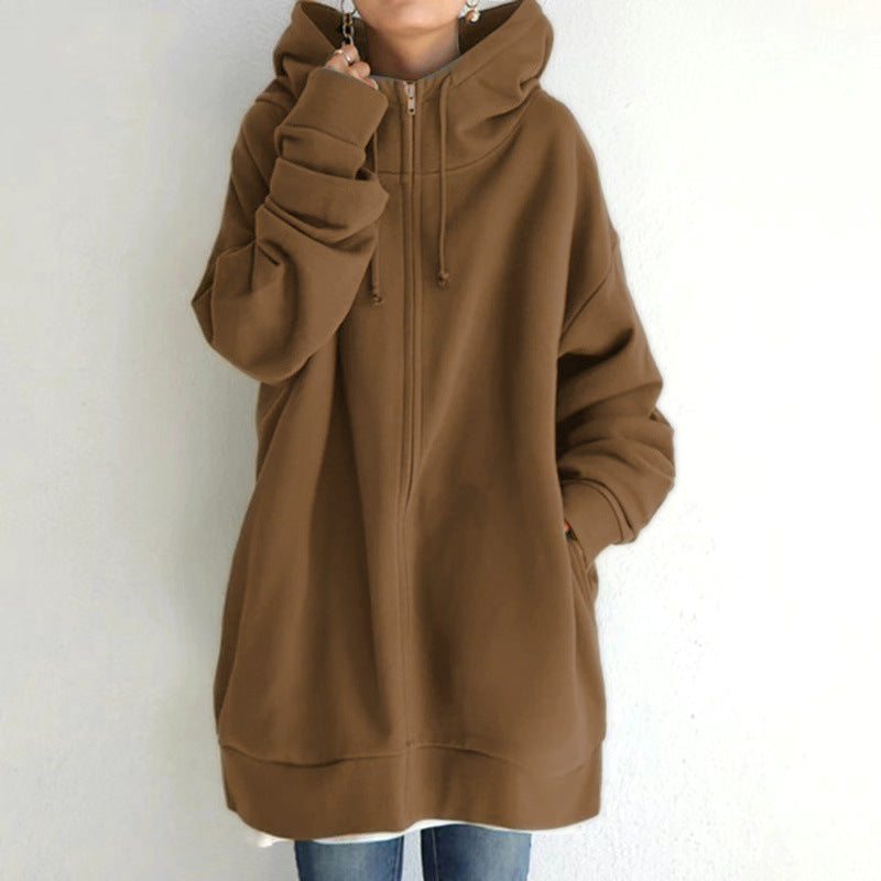 Zipper Hooded Long Plus Fleece Sweatshirt
