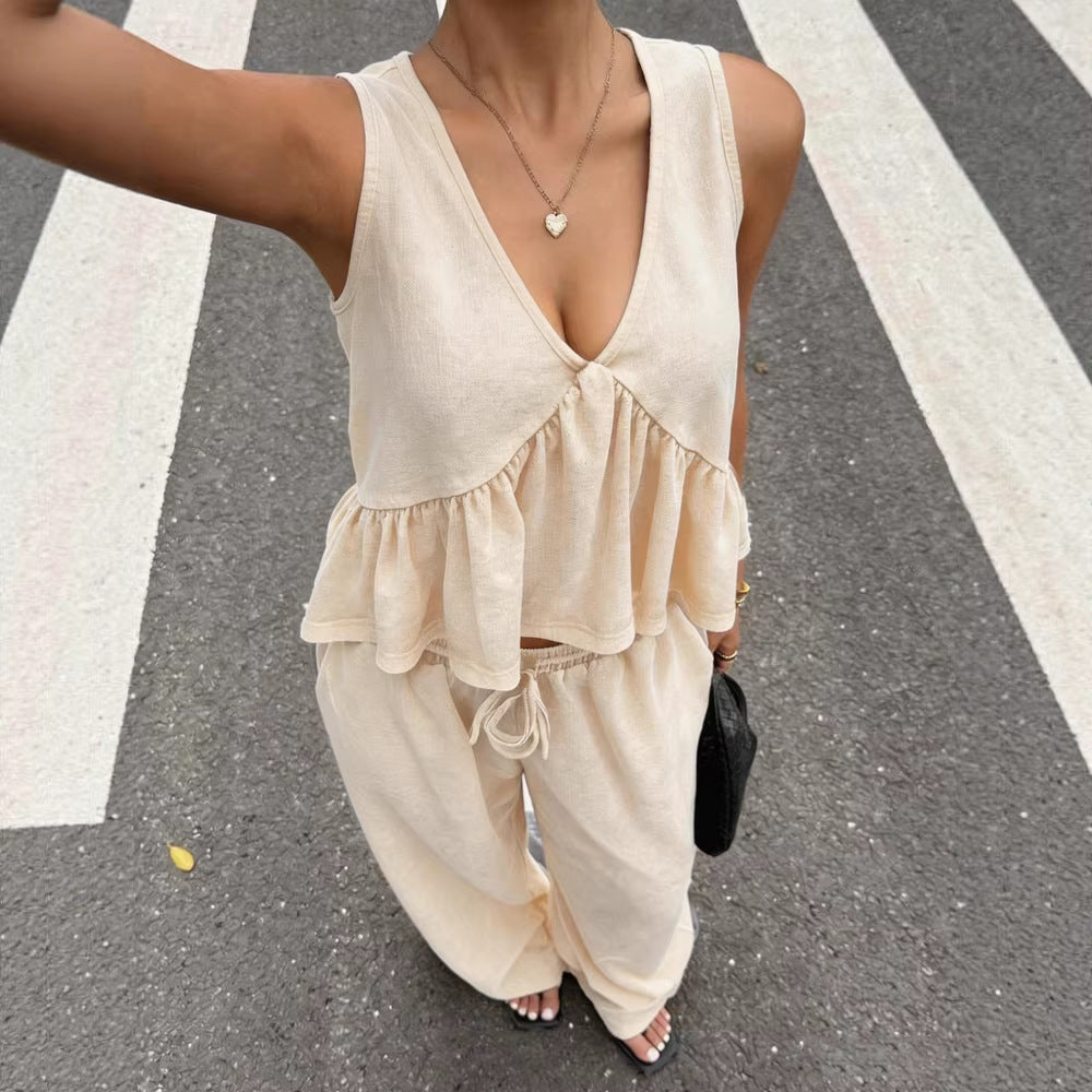 Women's Casual V-Neck Sleeveless Top And Pants Set NorixaFashion.com