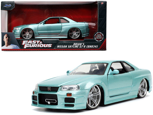 Brian's Nissan Skyline GT-R (BNR34) RHD (Right Hand Drive) Turquoise Metallic "Fast & Furious" Movie 1/24 Diecast Model Car by Jada LuxuryLifeWay Online Store