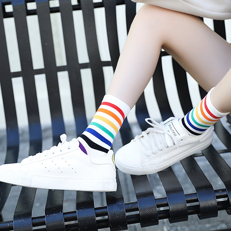 Autumn and winter new ladies in the tube socks candy-colored pinstripes cotton street skateboard tide socks high help women socks Best YouTube Store