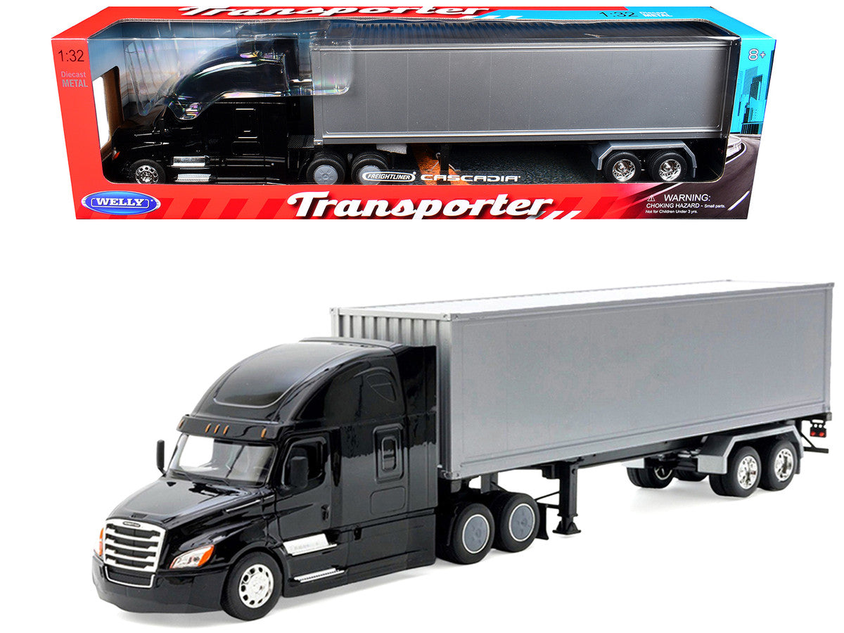 Freightliner Cascadia Truck Black with Silver Container "Transporter" Series 1/32 Diecast Model by Welly LuxuryLifeWay Online Store