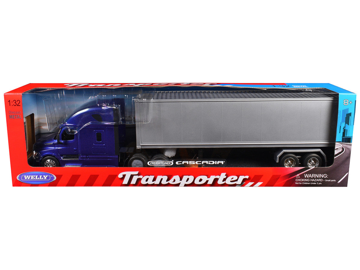 Freightliner Cascadia Truck Blue Metallic with Gray Container "Transporter" Series 1/32 Diecast Model by Welly LuxuryLifeWay Online Store