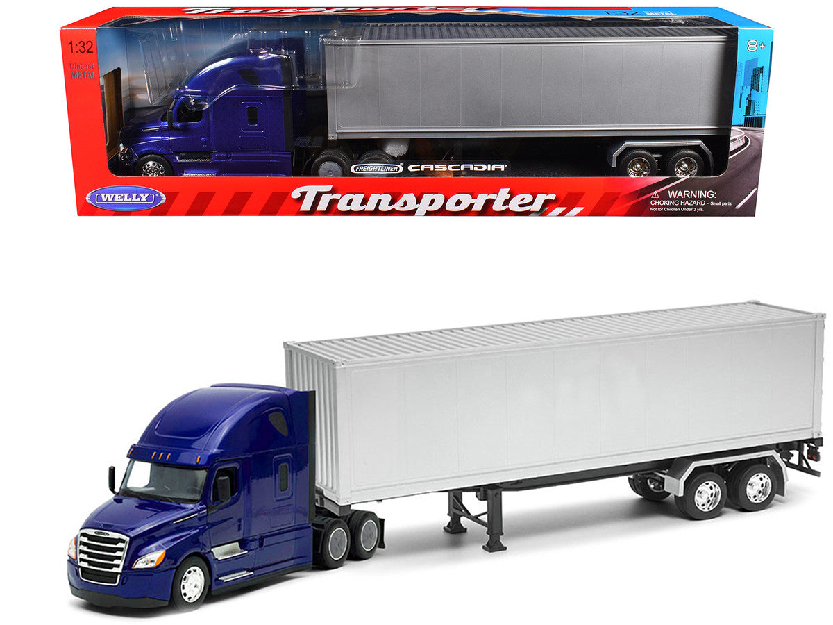 Freightliner Cascadia Truck Blue Metallic with Gray Container "Transporter" Series 1/32 Diecast Model by Welly LuxuryLifeWay Online Store